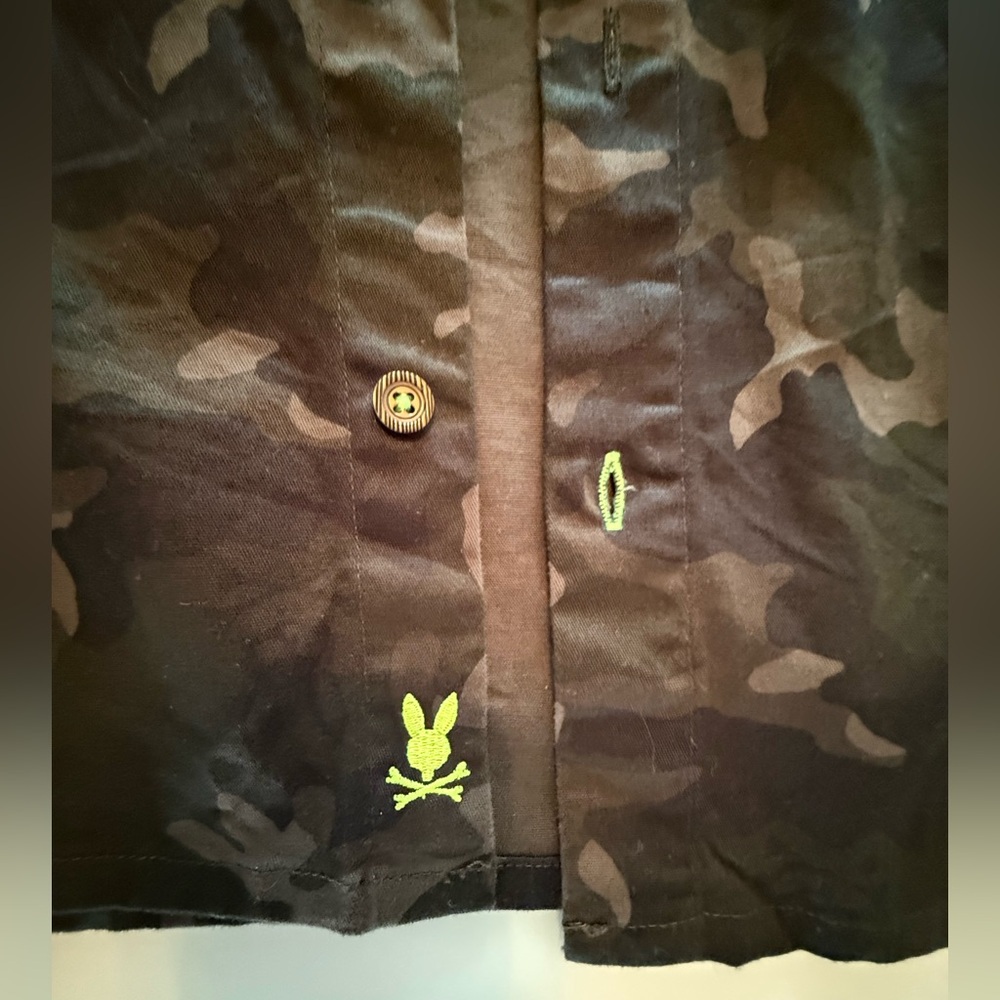 Psycho Bunny Shirt Mens Size XS Black Camo Print Lime Green Cotton Casual Prep